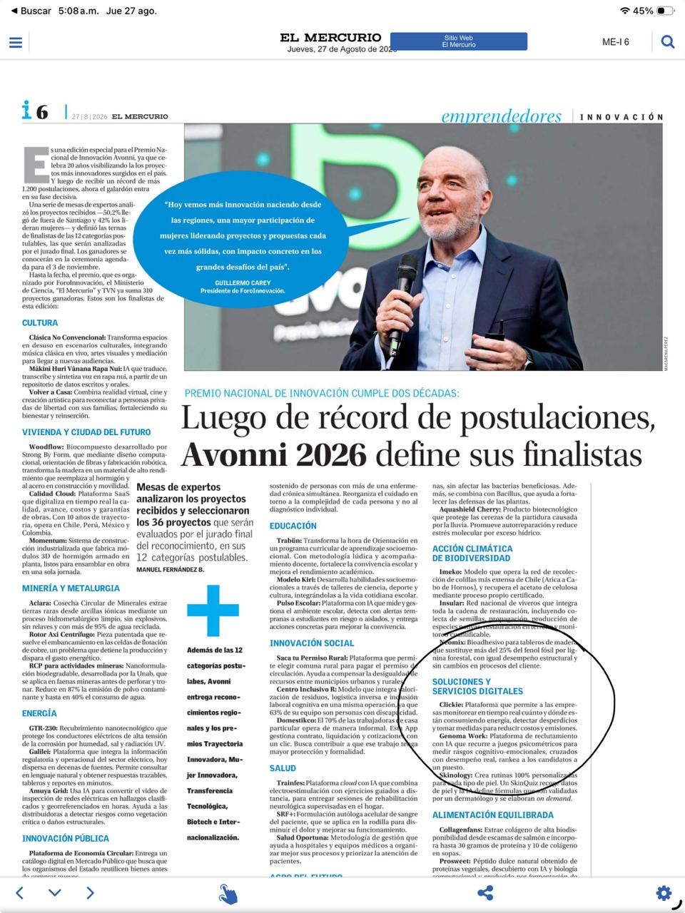 Página de El Mercurio sobre los finalistas del Premio Avonni 2026 con Clickie destacado en Soluciones y Servicios Digitales Entel