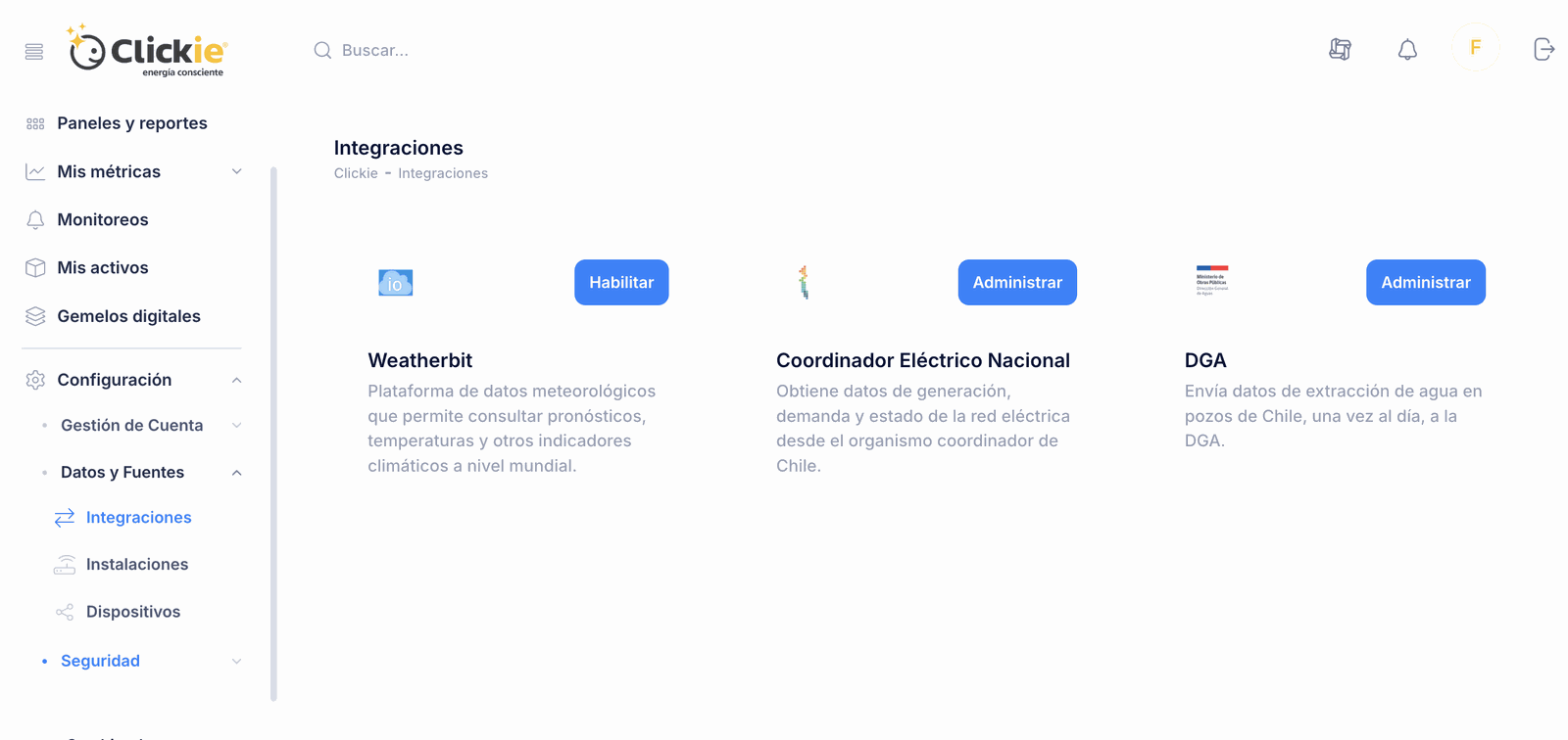 Vista de integración de datos del Coordinador Eléctrico en Clickie
