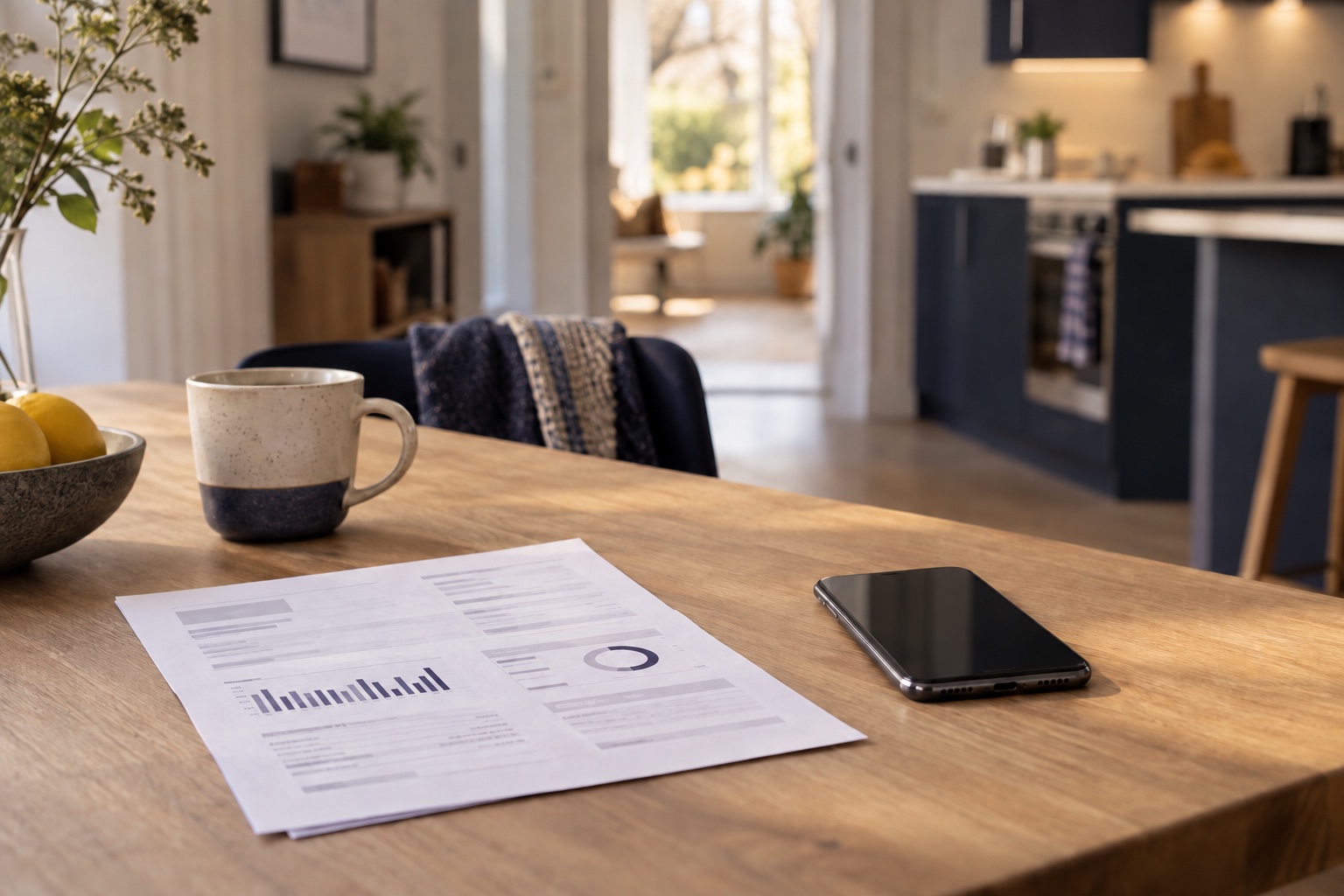 Factura de electricidad y teléfono sobre una mesa en un hogar contemporáneo